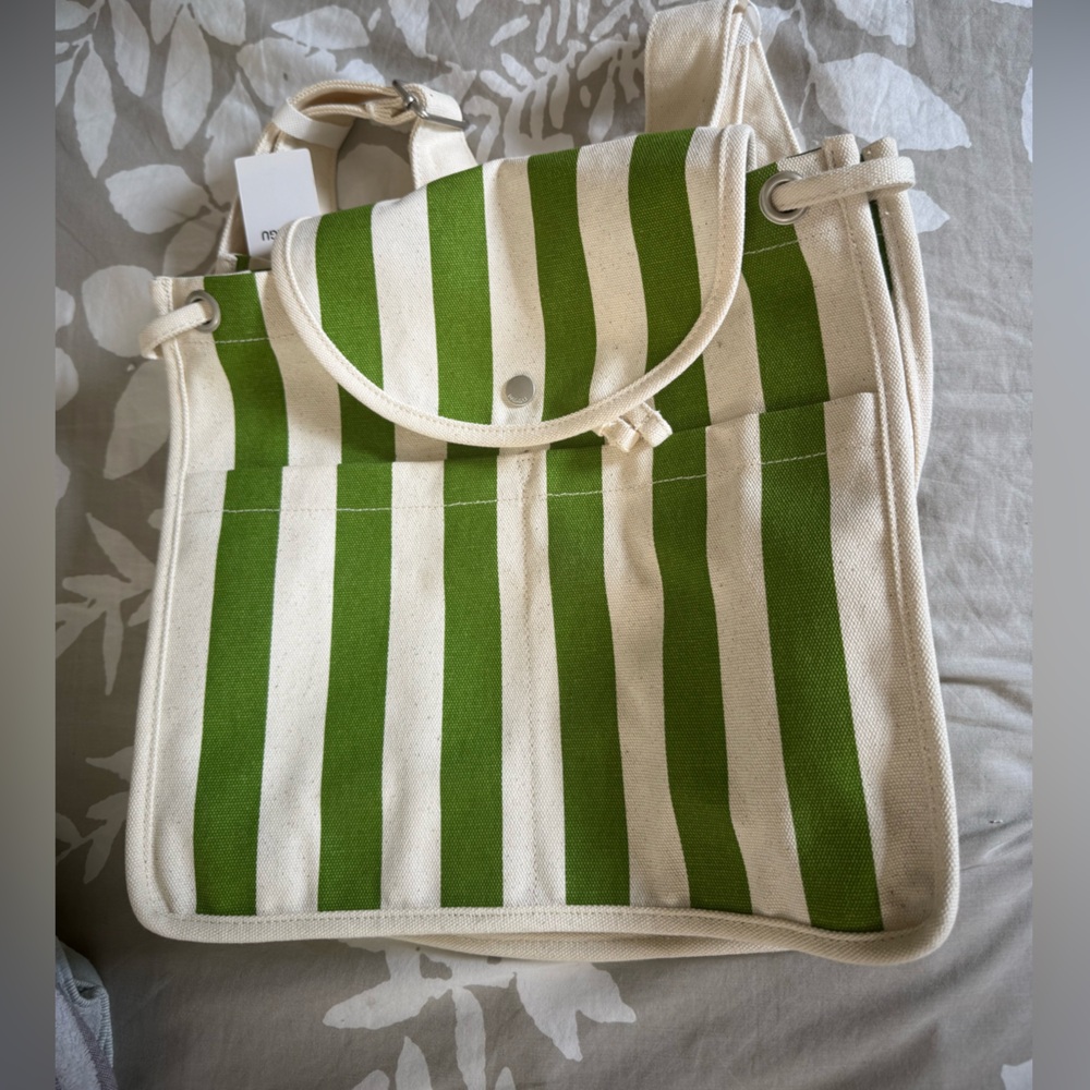 BAGGU Green and Cream Striped Backpack